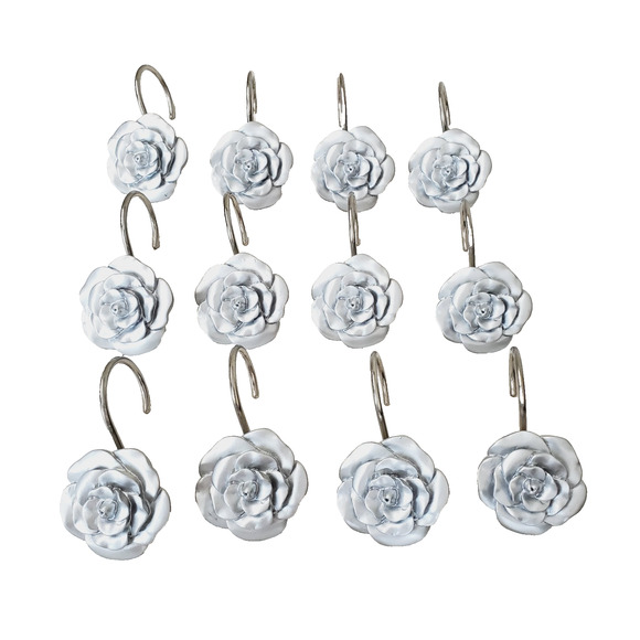 Silver Rose Shower Curtain Hooks Set of 12 Bathroom Decor Floral Resin 2" Design - Picture 1 of 6